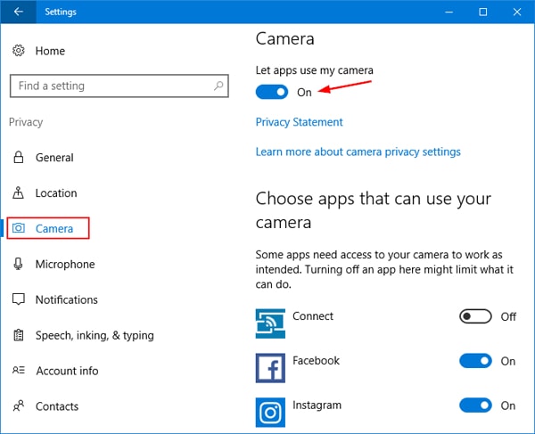 Type Camera in Window Setting then Enable