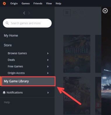 Select My Game Library in Origin Mode of Game