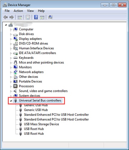 Select Universal Serial Bus Controllers in Device Manager