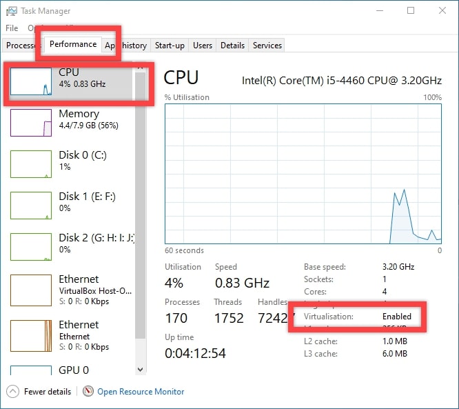 Performance tab and search for the Virtualization option enabled
