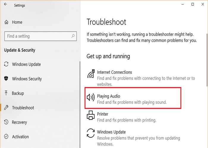 Click on Playing Audio in Troubleshoot