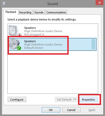 Select the Speaker then Properties from Sound Settings