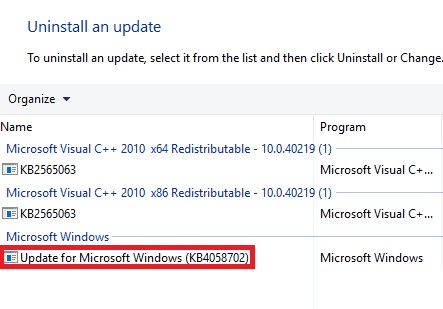 Uninstall Update of Microsoft Windows