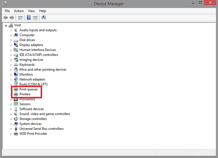 Expand the Print and Print Queues from Device Manager