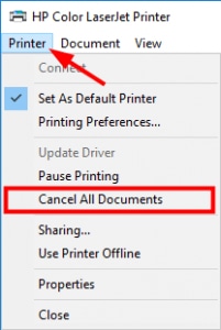 Select Cancel All Documents from Printer Setting