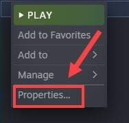 Select the Properties of Game in Steam App