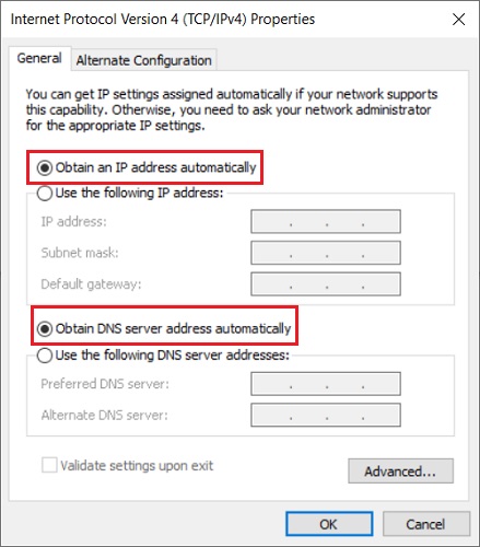 Obtain an IP address automatically and Obtain DNS server address automatically