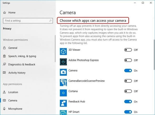 Select application to give access for using the camera
