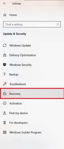 Click on the Recovery option