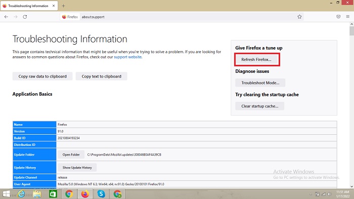 Click on the Refresh Firefox option