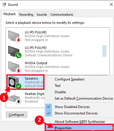 Right-click on the device speakers and select the properties