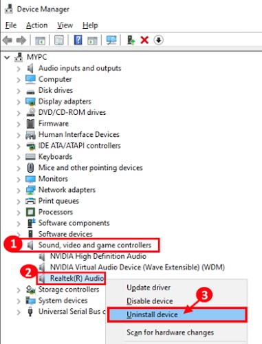 right-click on the Realtek(R) Audio device and select the Uninstall device from the bo