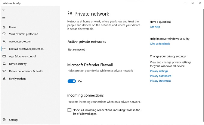 Turn off the toggle for Microsoft Defender Firewall