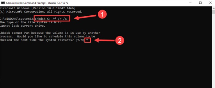 Type chkdsk C f r x in the command prompt (admin) window