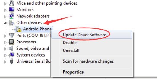 From the menu select the Update Driver option