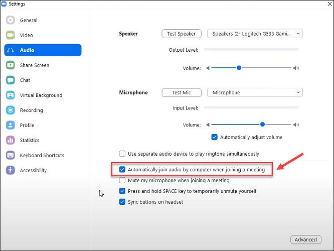 Automatically join audio by computer when joining a meeting