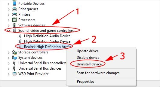 select Uninstall device option
