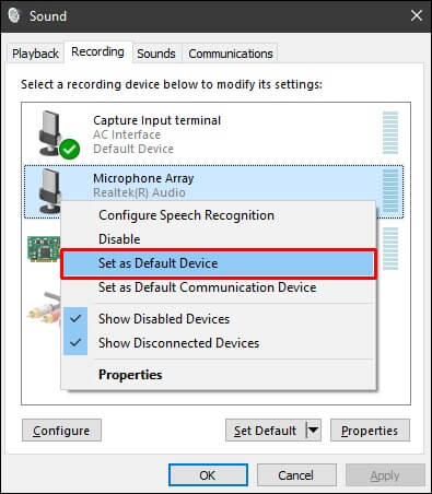 Set as Default Device option.