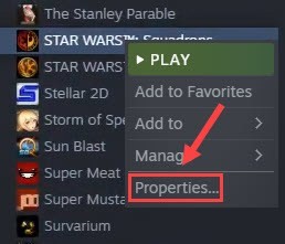 Open the properties of Star wars Squadrons