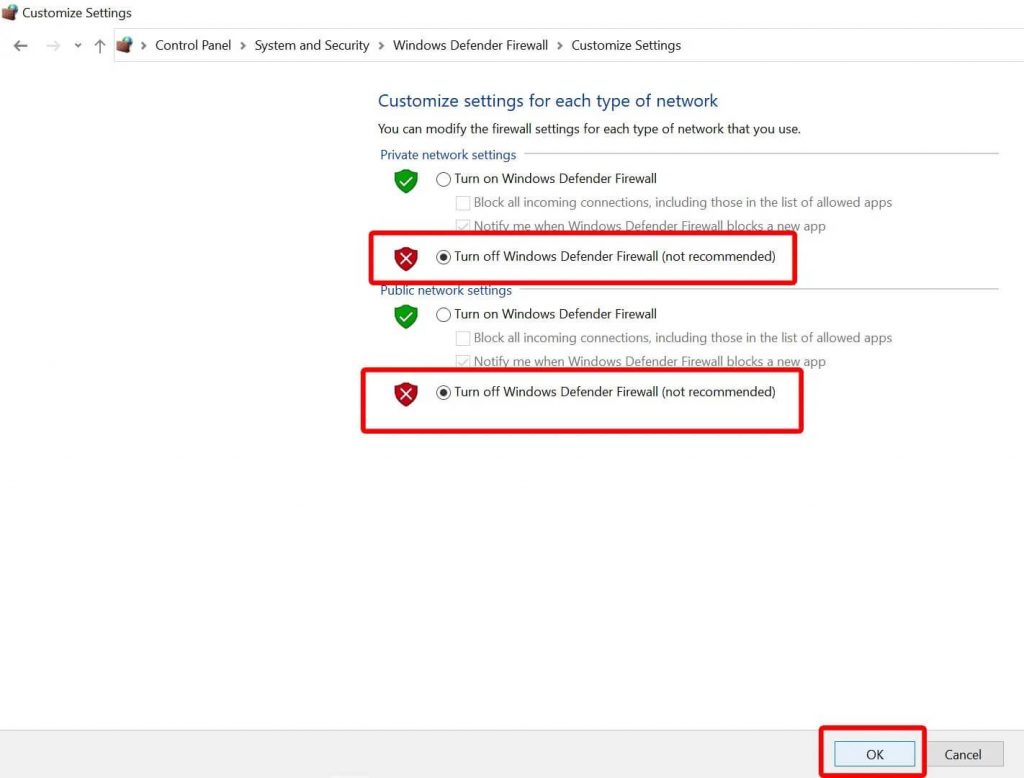 Turn off Windows Defender for Private and Public Settings of Network