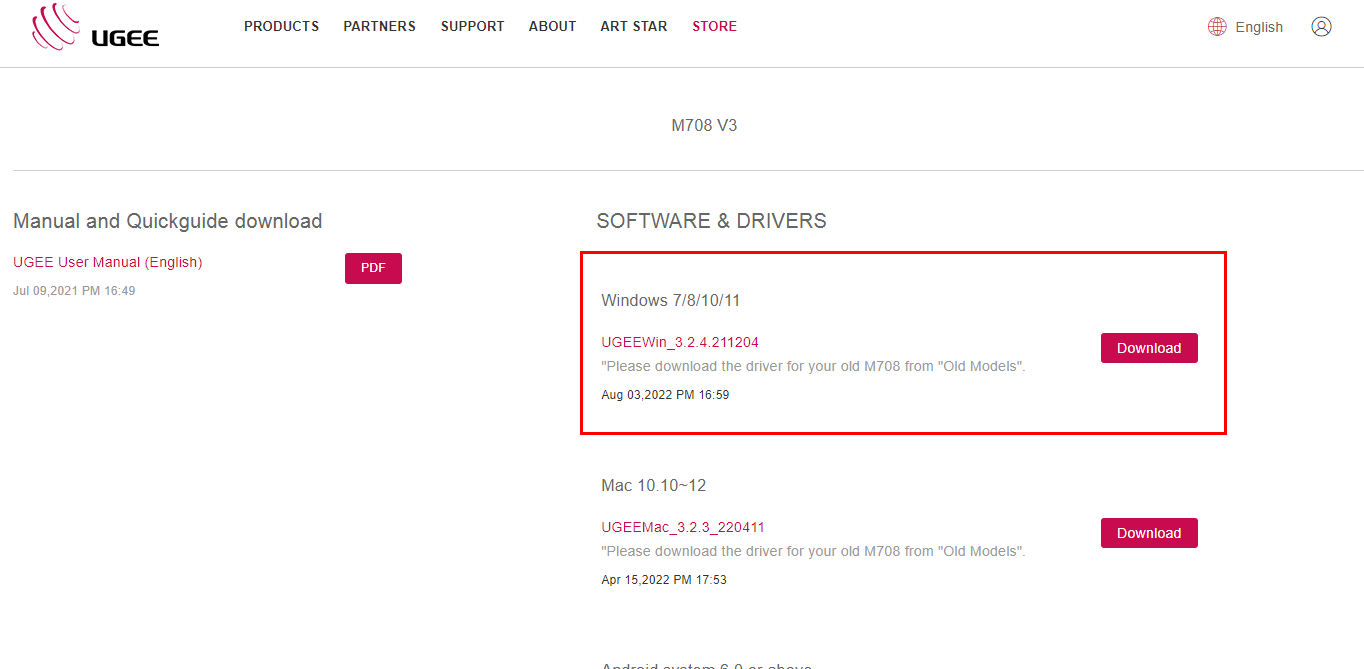 Software and Drivers category press the Download button