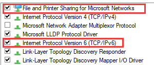 Update File and Printer Sharing for Microsoft Networks and Internet Protocol Version 6 (TCP/IPv6)