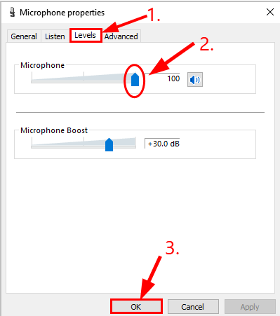 Click again Levels tab drag slider for Microphone and set it to its maximum