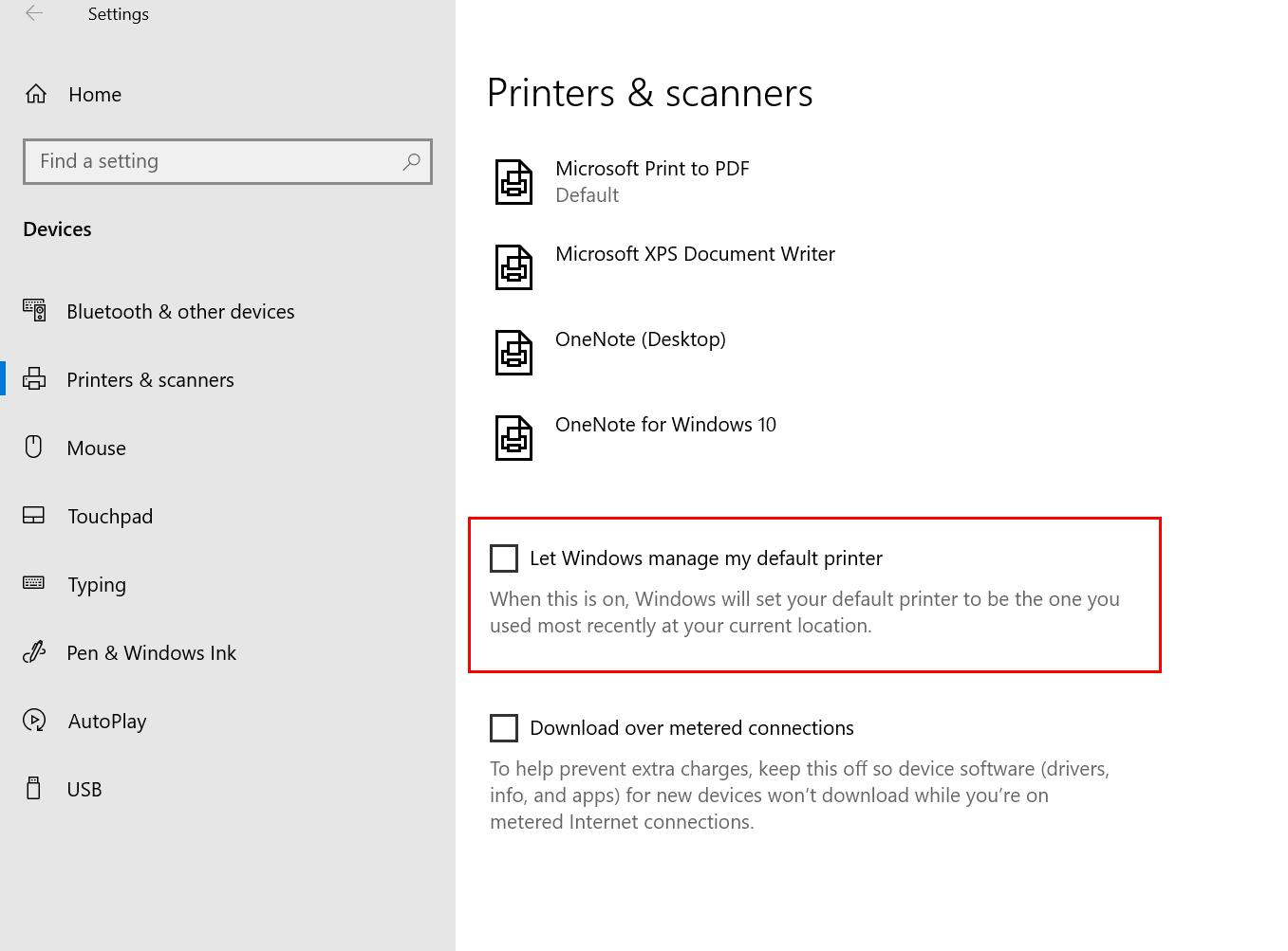 checkbox for LEt Windows manage Default Printer