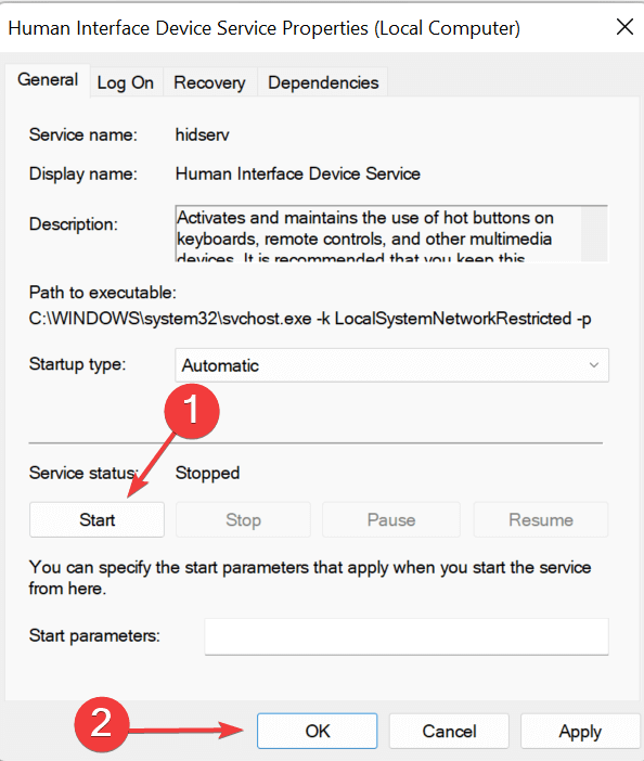 Human Interface Device service properties Save changes using the Apply and OK button