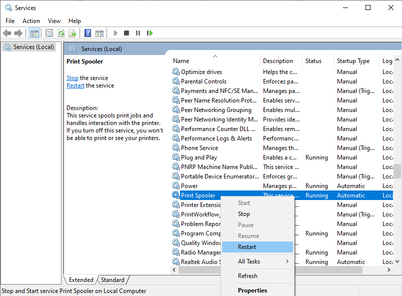 Printer Spooler option and Right click on it and select the Restart option from the context list