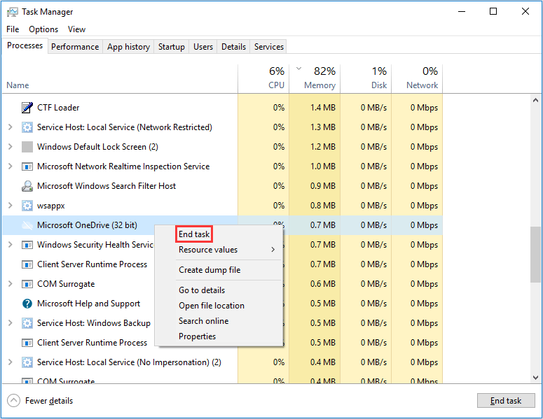 Task Manager window and microsoft OneDrive and select the End task option from the list