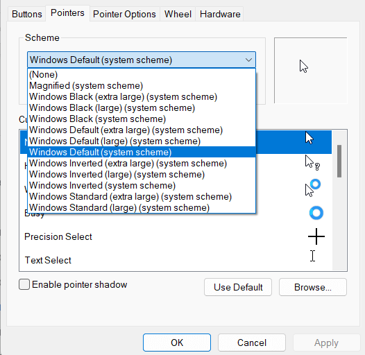 selecting the mouse pointer