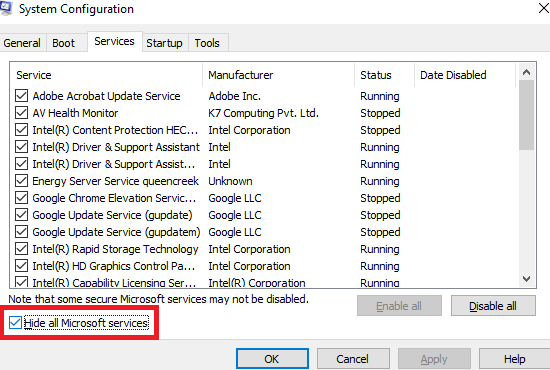 system configuration and click on the hide all microsoft apps