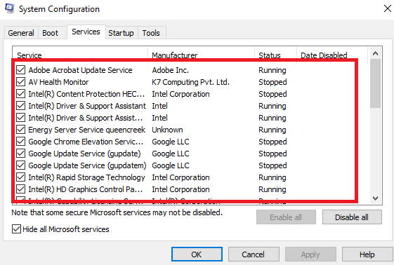 system configuration and click on the hide uncheck all the boxes
