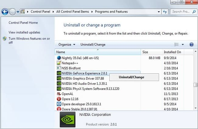 Right-click on the NVIDIA Geforce Experience and select the Uninstall option